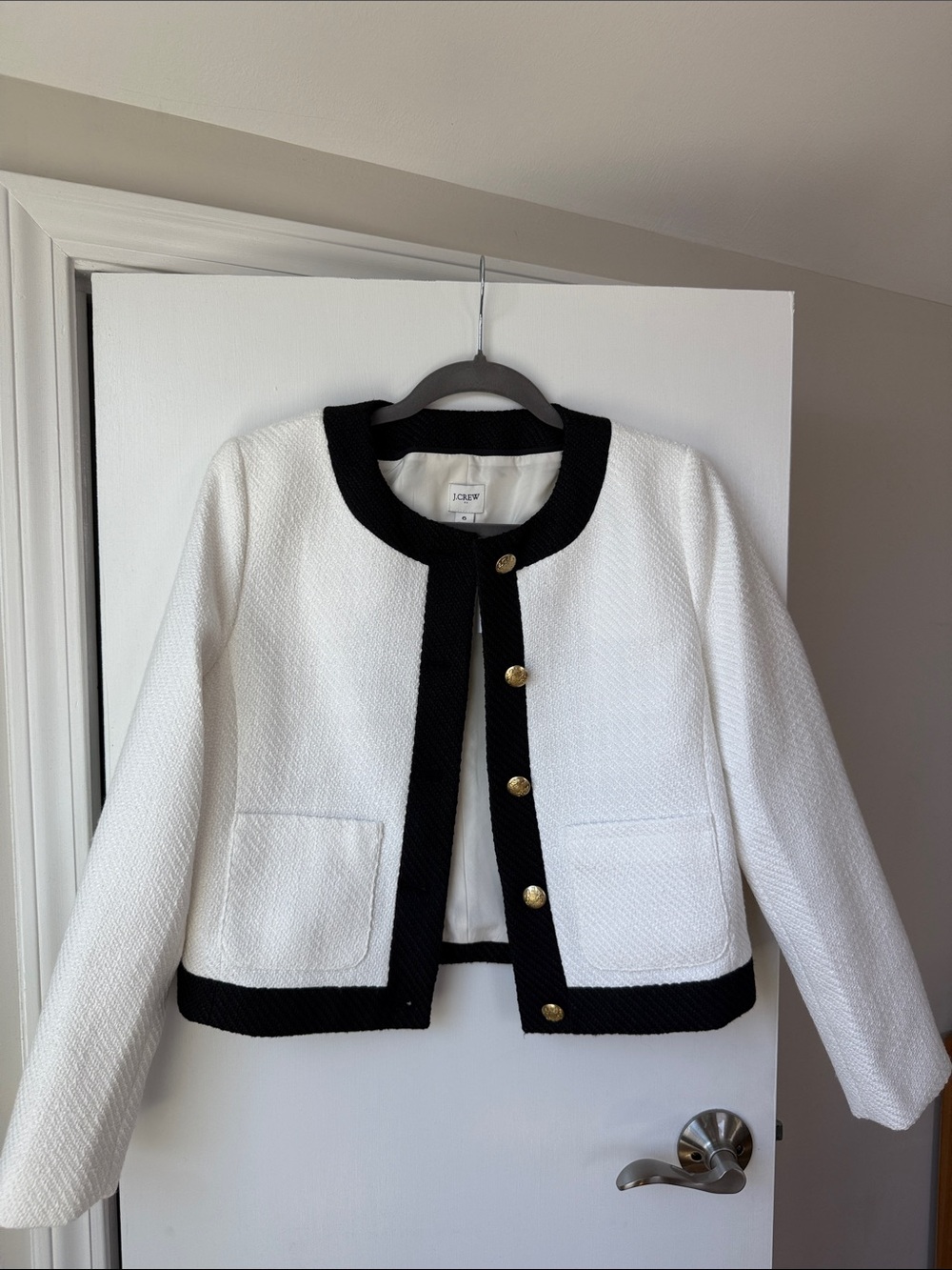 J. Crew White Cropped Tweed Jacket with Black Trim. NWT